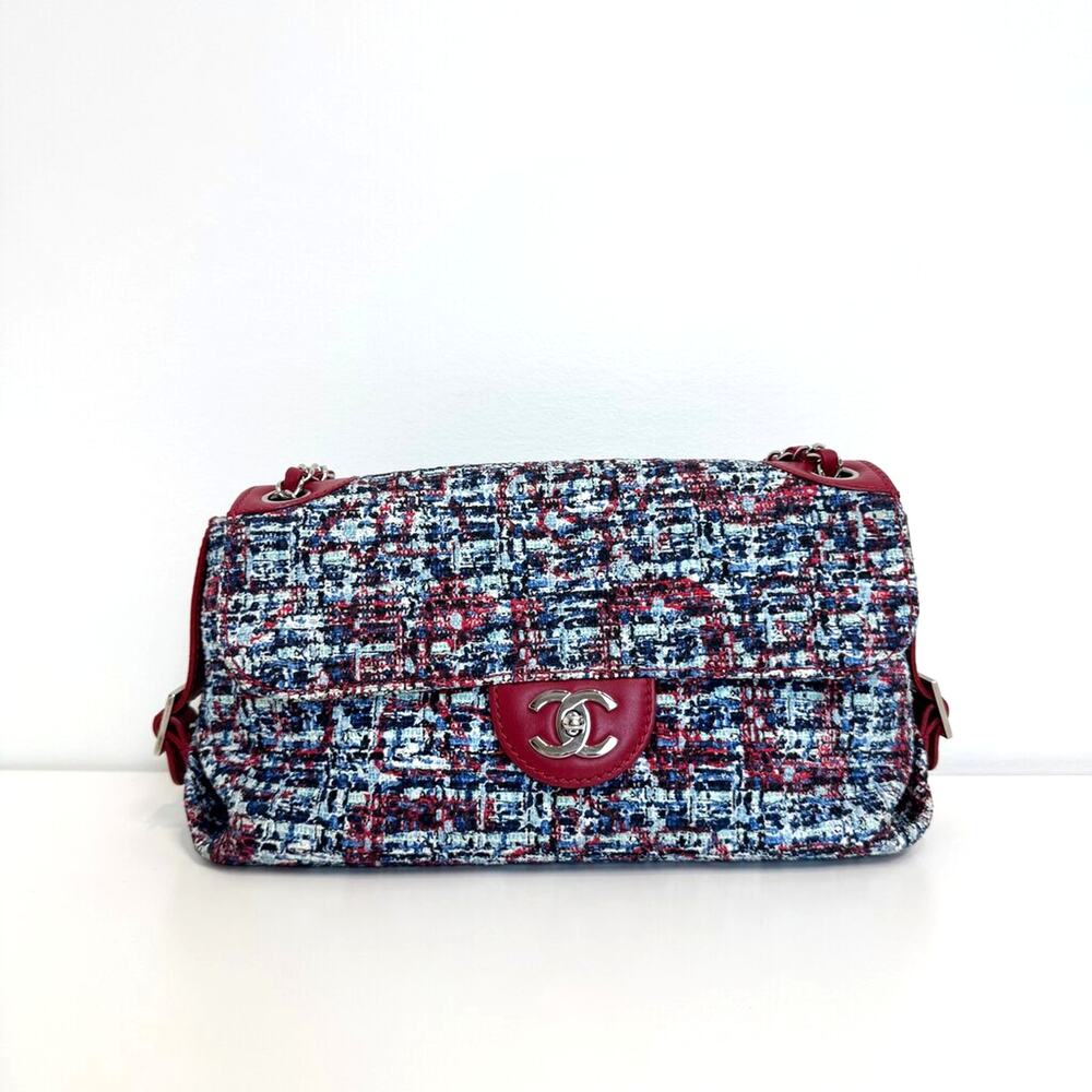 CHANEL Blue Red Tweed Leather Silver Chain Logo Flap Shoulder Bag CC Handbag